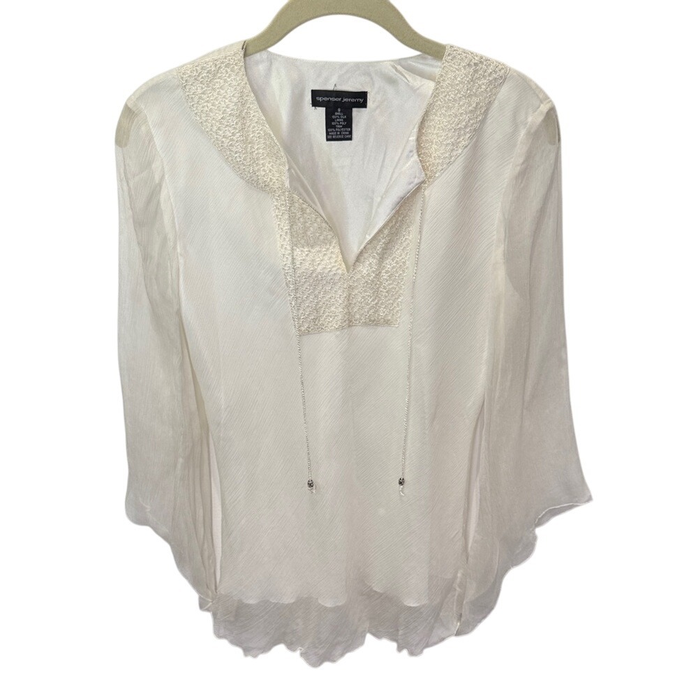 Spenser Jeremy Silk‎ Blend Tunic Top Embellished Neckline Ivory Small